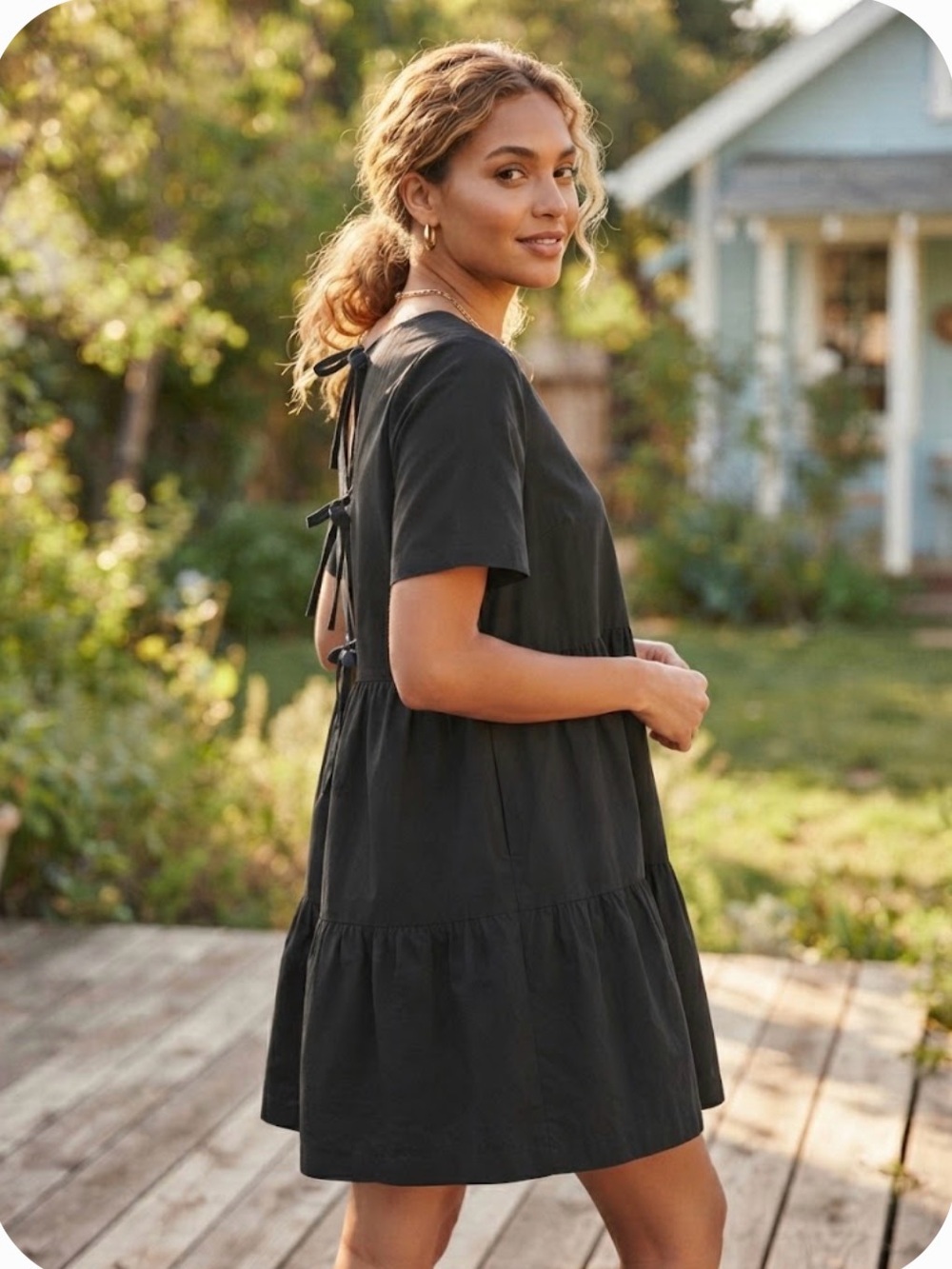 Lefties Black Cotton Tiered Mini Dress Open Tie-Back Detail XL